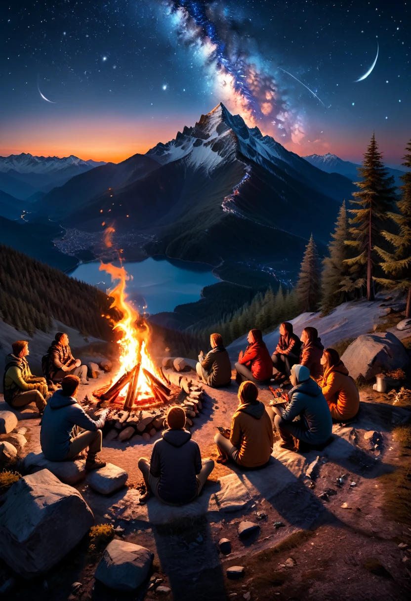 A bonfire  under the starry sky on the mountaintop, As night falls and the stars shine, campers gather around the burning bonfire, sharing stories, playing guitar and singing, enjoying the cold and pure air on the mountaintop, (masterpiece, best quality, Professional, perfect composition, very aesthetic, absurdres, ultra-detailed, intricate details:1.3)