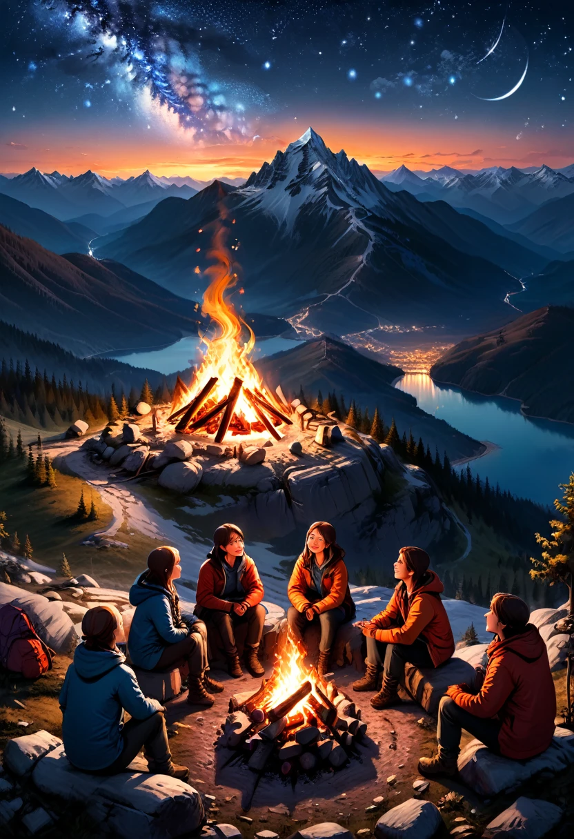 A bonfire  under the starry sky on the mountaintop, As night falls and the stars shine, campers gather around the burning bonfire, sharing stories, playing guitar and singing, enjoying the cold and pure air on the mountaintop, (masterpiece, best quality, Professional, perfect composition, very aesthetic, absurdres, ultra-detailed, intricate details:1.3)