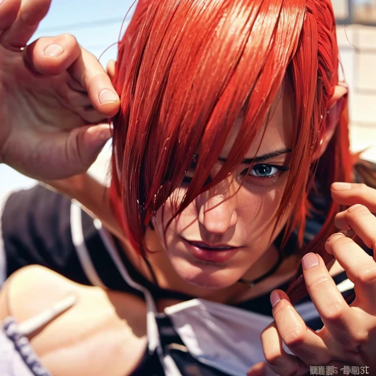 One hand is held like a cat、(Perfect details,masterpiece, Good details),(良い照明 Perfect details, Perfect eye details, Perfect anatomy details,(Iori Yagami, King of Fighters,), Iori Yagami, KOF,(original design:Yagami-an,),A perfect move with no mistakes, エラーのないPerfect details, Excellent anatomical details, Redhead,Sharp Eye