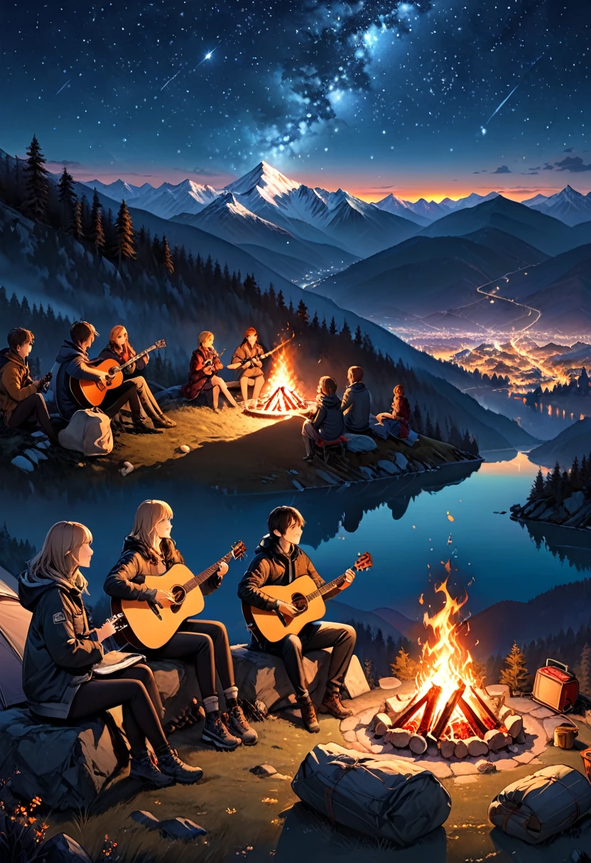 A bonfire  under the starry sky on the mountaintop, As night falls and the stars shine, campers gather around the burning bonfire, sharing stories, playing guitar and singing, enjoying the cold and pure air on the mountaintop, (masterpiece, best quality, Professional, perfect composition, very aesthetic, absurdres, ultra-detailed, intricate details:1.3)