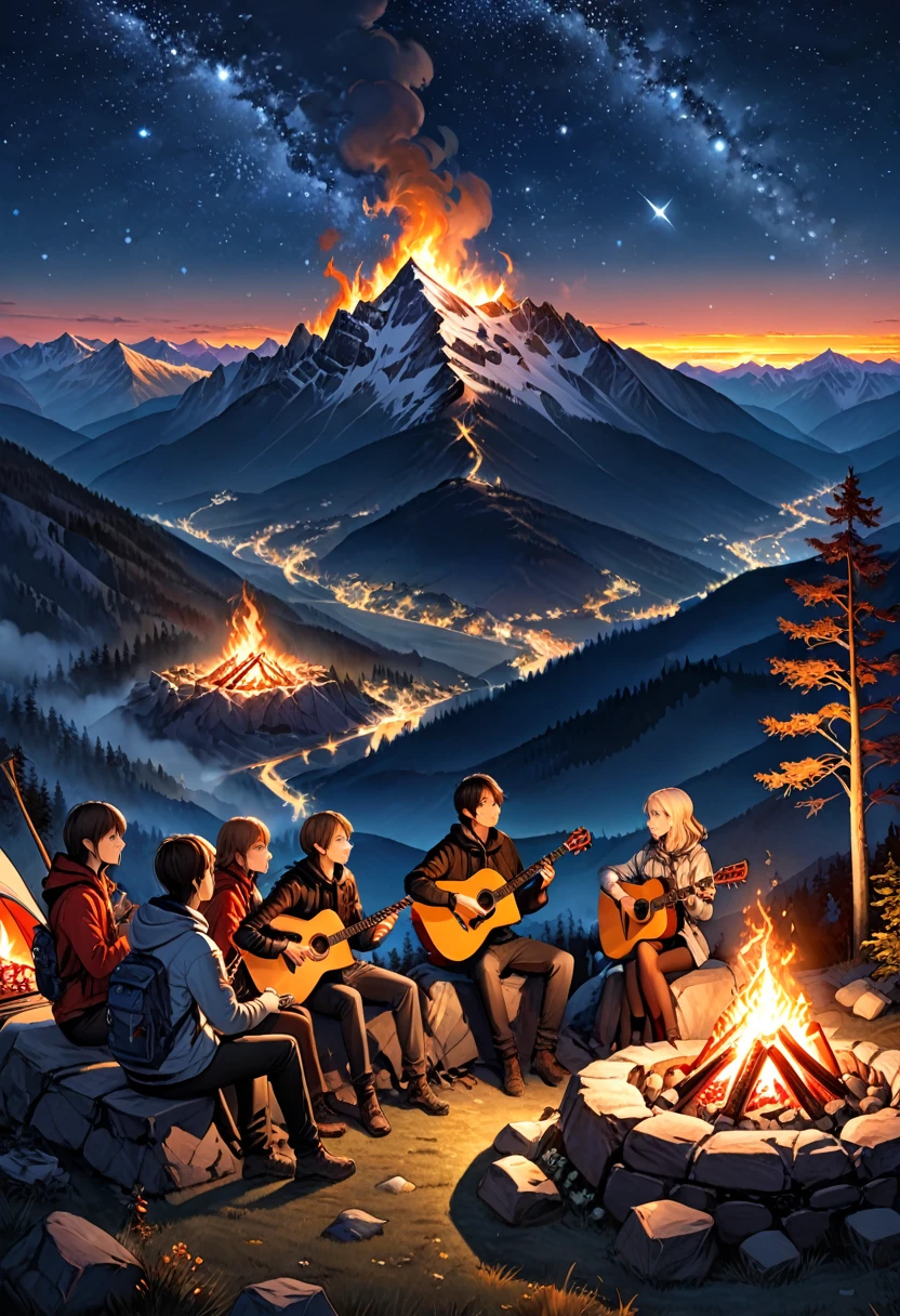 A bonfire  under the starry sky on the mountaintop, As night falls and the stars shine, campers gather around the burning bonfire, sharing stories, playing guitar and singing, enjoying the cold and pure air on the mountaintop, (masterpiece, best quality, Professional, perfect composition, very aesthetic, absurdres, ultra-detailed, intricate details:1.3)