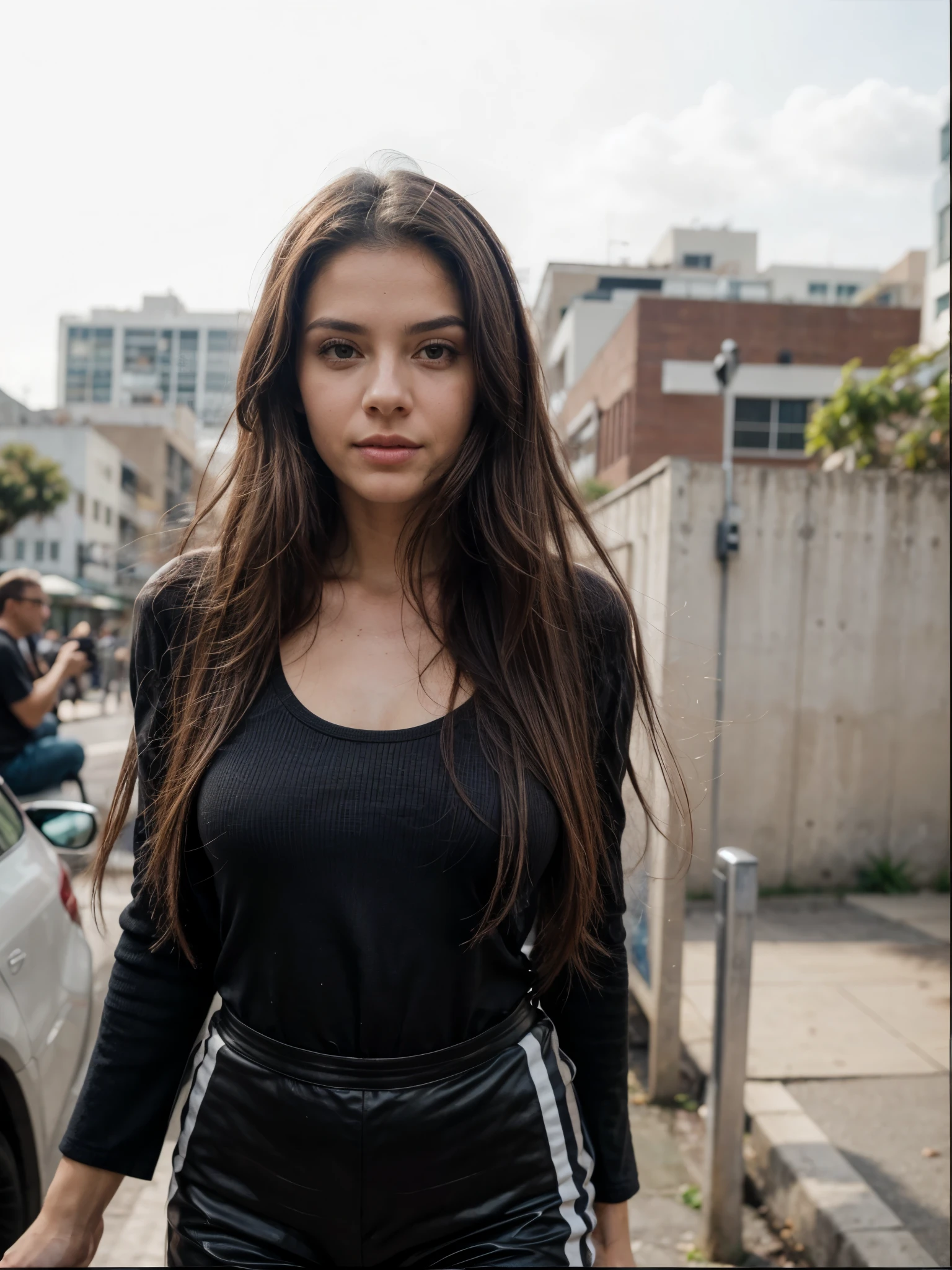 Uma linda mulher, Face oval, sensitive lips, grandes olhos castanhos, 30 anos old, corpo desportivo magro, medium sized breast, out there in a city, 1/2 corpo, Vista frontal, cabelos longos e cacheados, vestindo roupas da moda, the clothes are whole and constant, no text, tempo ensolarado, fundo desfocado, foto de selfie, cinematic lighting, desfoque de movimento, film grain, muito detalhado, 30 anos, cabelo castanho cacheado natural, olhos castanhos escuros, high resolution, Obra de arte, melhor qualidade, detalhes intrincados, altamente detalhado, sharp focus, pele detalhada, realista skin textura, textura, olhos detalhados, Profissional, 4k, 85mm, Profundidade superficial de campo, Kodak Color Vision, corpo em forma perfeita, extremamente detalhado, foto_\(ultra\), fotorealista, realista, Post-processing, maximum detail, rugosidade, Vida real, ultra realista, fotorealism, fotography, 8k hd, fotography (film grain) medium shot to close-up, rosto mais longo e magro, rosto perfeito, rosto longo e oval lindo, olhos castanhos escuros, (((Muito cacheado))), olhar profundamente encantador, olhos castanhos profundos encantadores, olhar sedutor, rosto perfeito, consistent natural arms, roupas inteiras consistentes