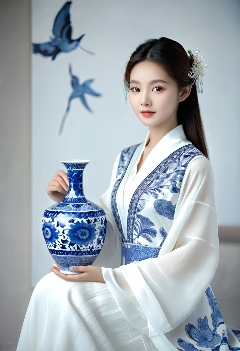 An Asian girl dressed in white and blue holds a vase, large paintings, monochrome elegant desktop photography, animal patterns [V3] $ ultra-high definition picture quality.xianxia
