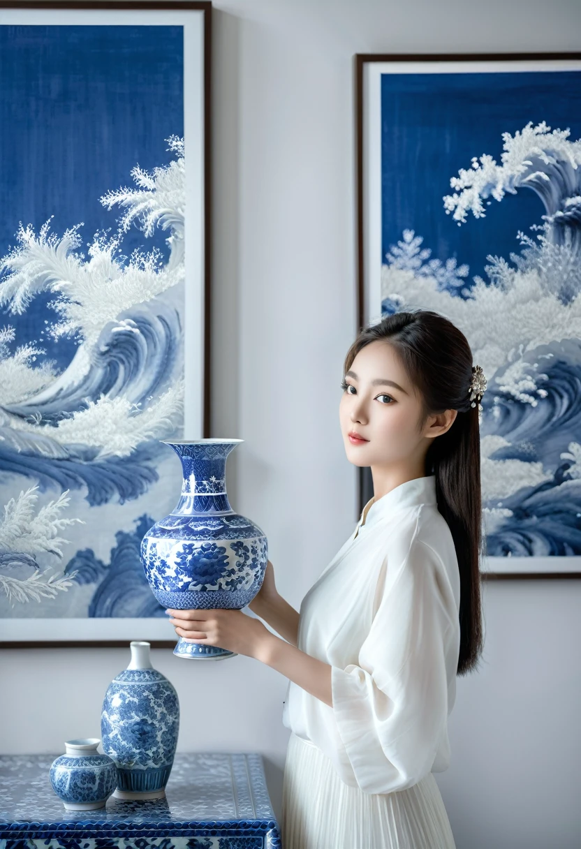 An Asian girl dressed in white and blue holds a vase, large paintings, monochrome elegant desktop photography, animal patterns [V3] $ ultra-high definition picture quality.xianxia
