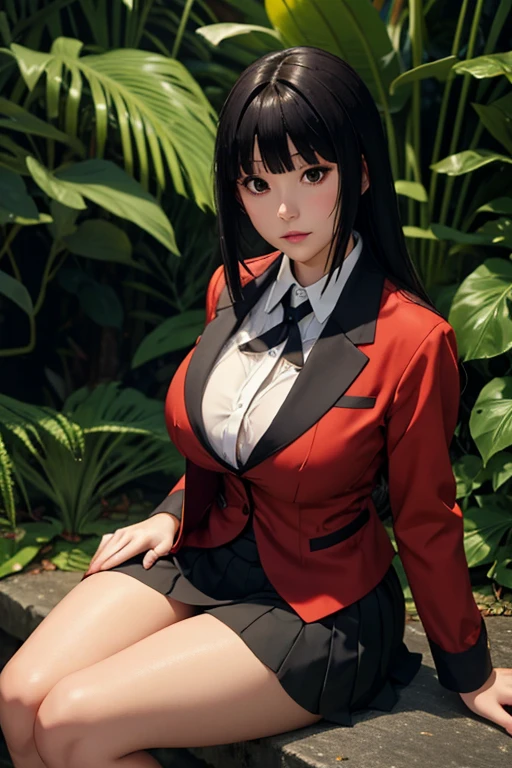 sit in tropical rainforest , steam , waistband of skirt is at the point above chest , Tight shirt , white Shirt , school girl , skirt under breasts , skirt is near breasts area , skirt is adjacent to the chest , jabami yumeko, black hair, long hair, blunt bangs , red jacket, shirt, black skirt