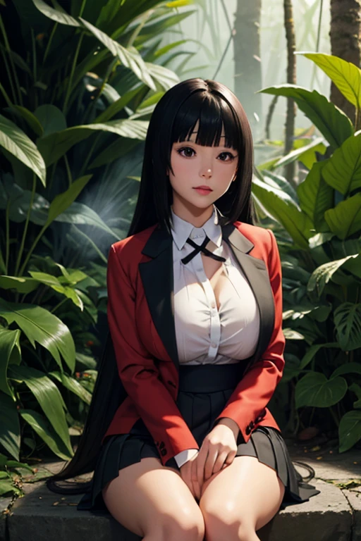 sit in tropical rainforest , steam , waistband of skirt is at the point above chest , Tight shirt , white Shirt , school girl , skirt under breasts , skirt is near breasts area , skirt is adjacent to the chest , jabami yumeko, black hair, long hair, blunt bangs , red jacket, shirt, black skirt