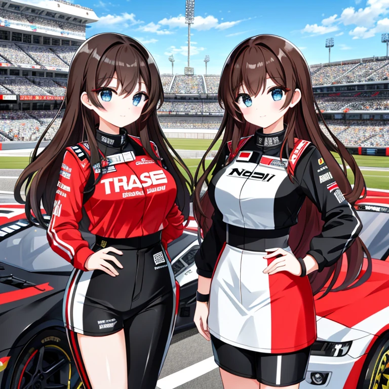 A female NASCAR driver, standing next to her Camaro Nascar with a Red and Black color scheme. She has (Long Dark-Brown Hair), (Big Beautiful Blue Eyes), super wide hips, and big breasts. She’s holding her racing-helmet in her left hand, and raising her right hand with a victorious expression. with a race stadium in the background. Her race-suit has a Red and Black color scheme,