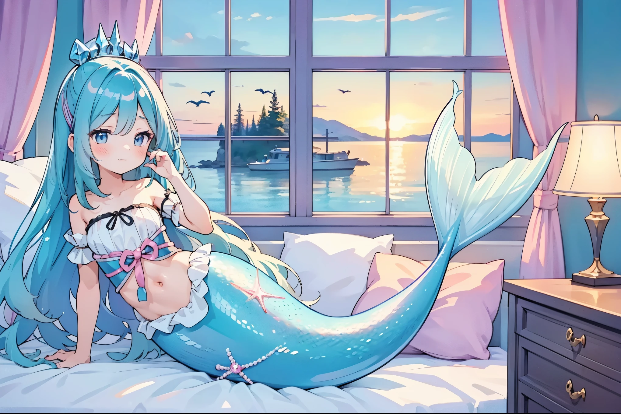 masterpiece, best quality,Mermaid,A girl,Solitary,蓝色的Mermaid尾巴,charming脸, Oval face(Kawaii, charming,Soft),full-body shot,Lying in bed,bedroom,Sea view from the window,