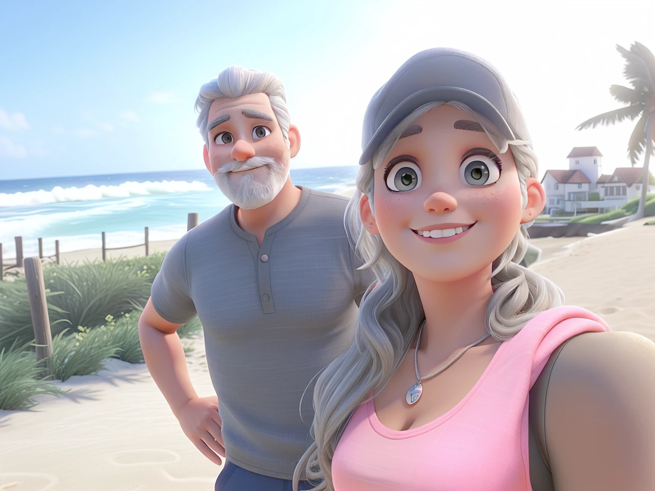 gray-haired husband and brunette wife in cap posing for a background on a beautiful beach on a sunny day