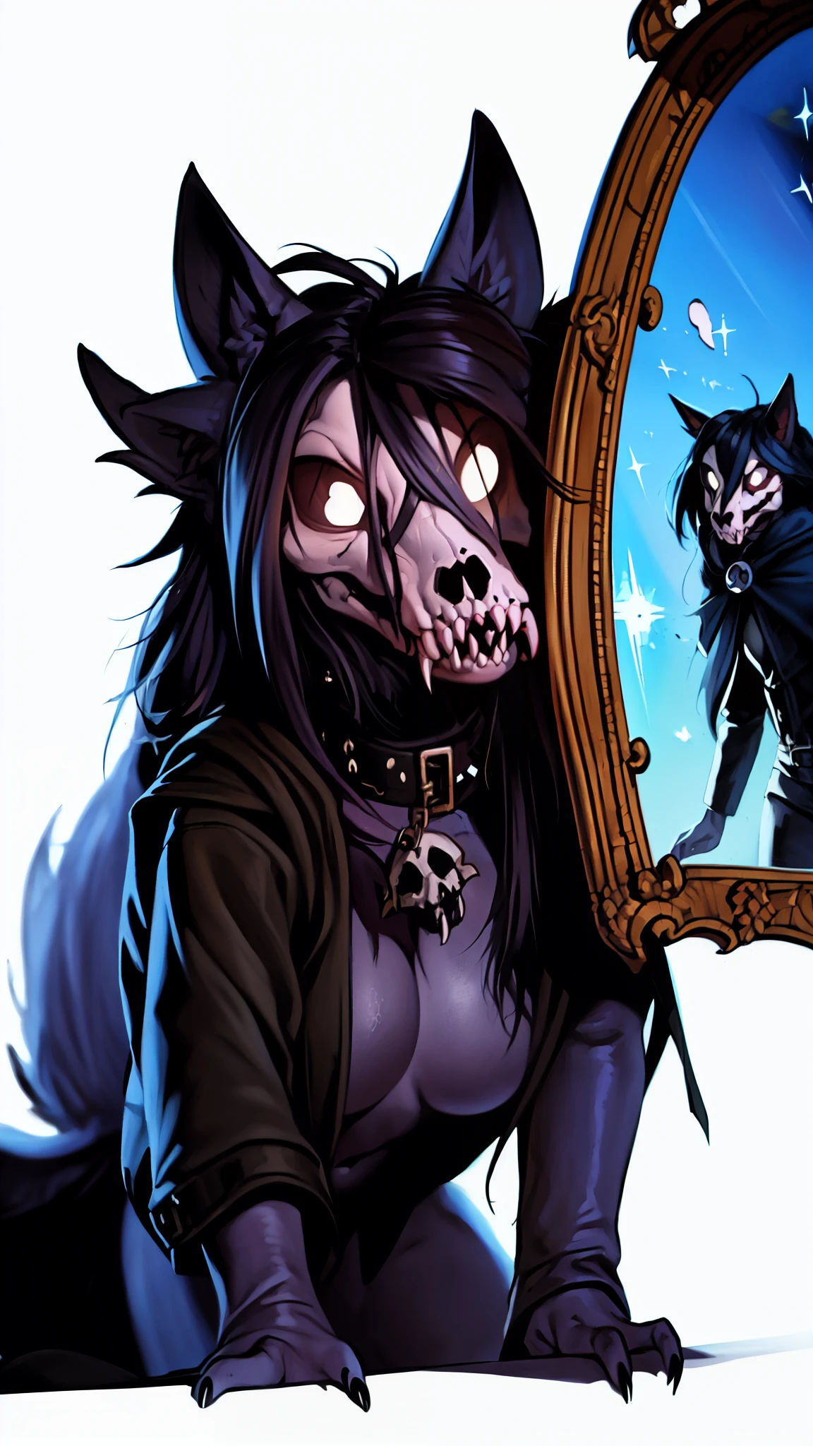 MalO, Scp 1471, ((four legged character)), (slit pupils, white eyes, black sclera), digitigrade, (collar), masterpiece, best quality, detailed realistic fur, furry, (canine skull), detailed background, (low angle shot), detailed face, detailed eyes, detailed black fluffy fur, fluffy tail, (furry, dark cloth, jacket, SFW:1.35), (looking from medieval mirror, MagicItem_v1, blank background, fantasy painting:1.35)