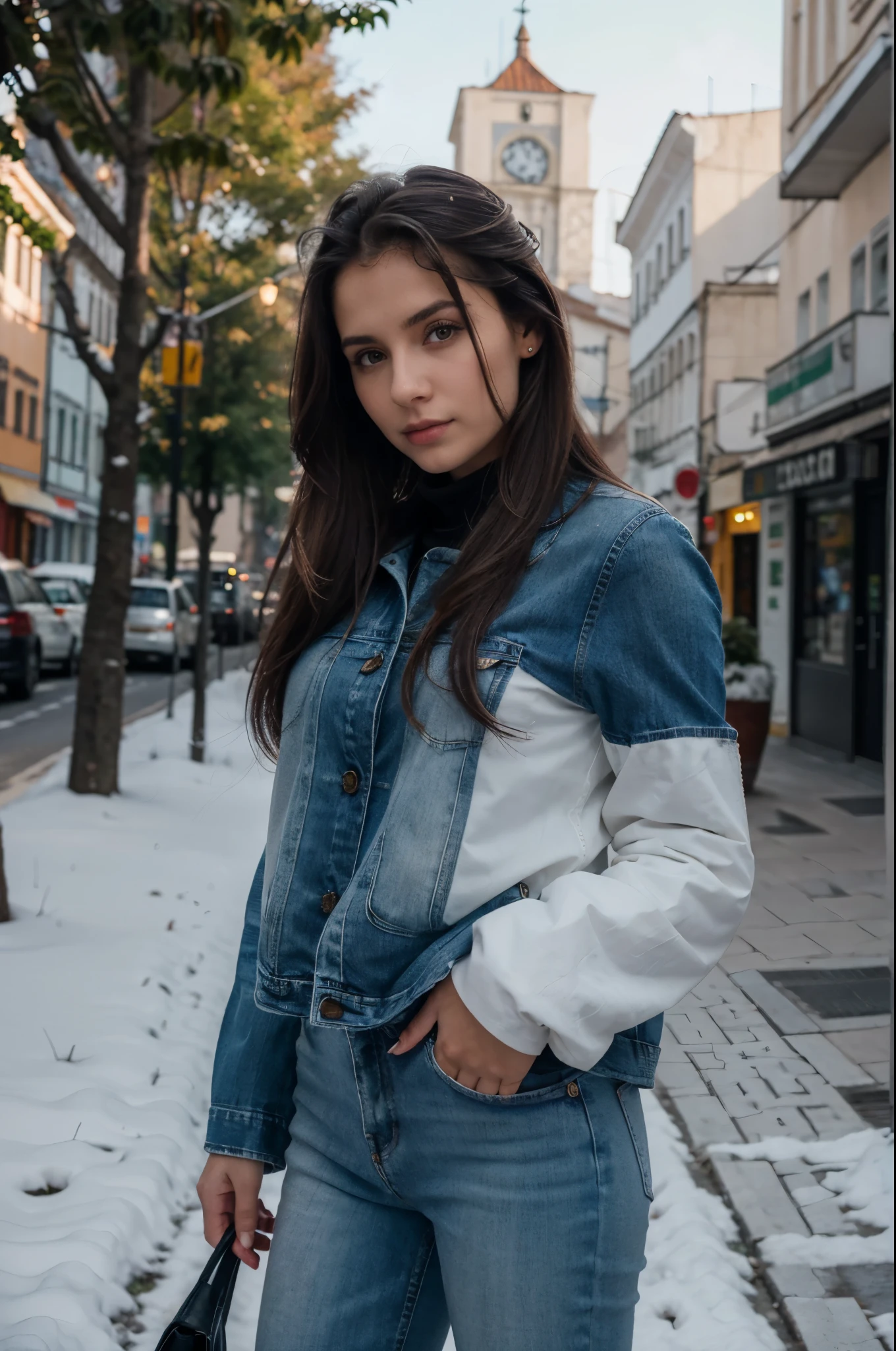 (Rosto realista, garota, cabelo castanho, 21 anos de idade, froum lietuva, alta qualidade, 4k), rosto perfeito, lindo, fotografia, jaqueta preta, jeans, inverno, inverno city, neve