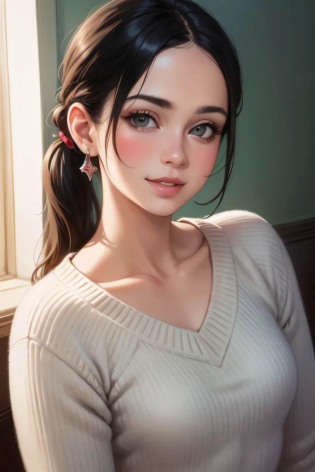 (best quality,highres,masterpiece:1.2),ultra-detailed,(realistic,photorealistic,photo-realistic:1.37),portraits,vivid colors,beautiful detailed eyes,beautiful detailed lips,elegant pose,dark green sweater,cream cargo pants,long black hair,cute ponytail,soft lips,blushing intensely,smiling, seductive gaze,medium chest,perfect body,shadows and highlights,vibrant lighting