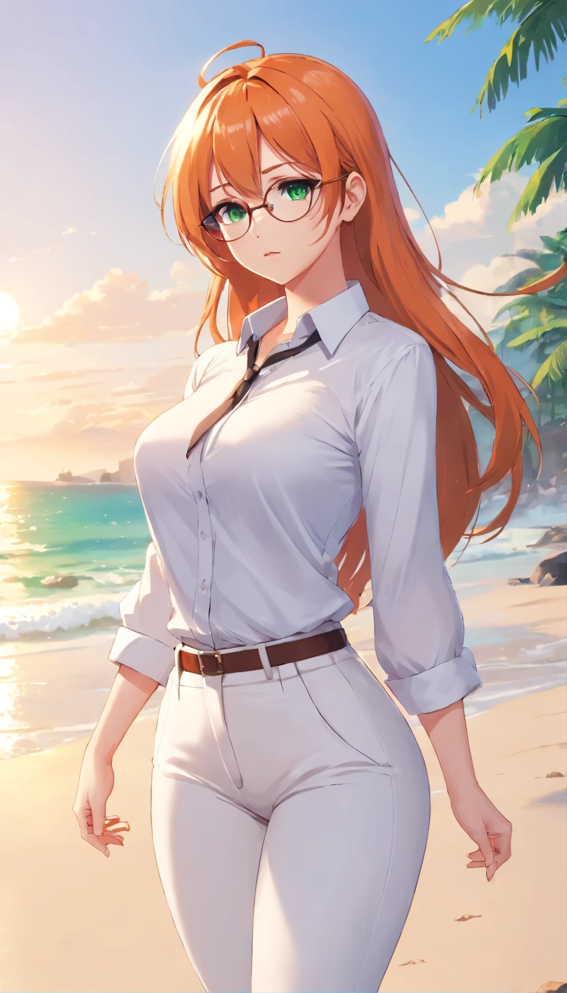 (masterpiece, Best quality), 8K, ultra detailed, realistic photo, Detailed face, perfect lighting, green eyes, bright orange hair, bright hair, fox ears, nice legs, side photo, beautiful, Cute, skin pores, 1 girl, perfect shirt, fully dressed, beautiful women 30 years old, Beautiful proportions, Russian woman, Caucasian, European, Business lady, stunningly beautiful woman, mother, thick legs, show ass, big breasts, (Thin white shirt:1.4), thick, hot, (White Office Wear:1.4), tight pants, (wide hips:1.2), thick, (white Office pants:1.3), spread your legs, Legs open, full length, wide hips, Glasses, with long orange hair, standing on the beach near the ocean, green eyes detailed digital anime art, cat ear, anime girl with long hair, гладкое аниме cg art, anime girl with long hair, digital anime art, work in Guweiz style, Beautiful anime portrait, Photorealistic render of an anime girl, pantyhose, Beautiful anime girl, advanced digital anime art, guweiz на artstation pixiv HD UHD HQ