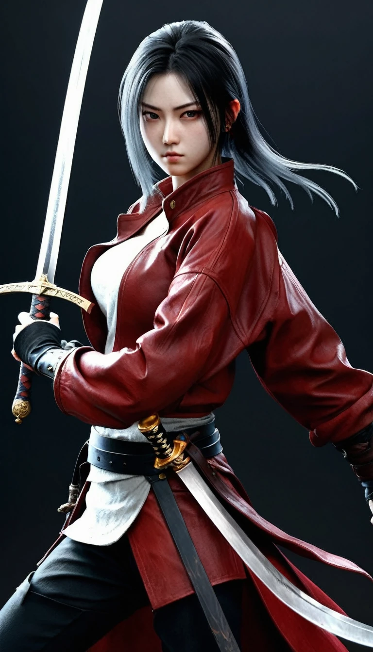 a woman holding a sword in a dark room, 2. 5 d cgi anime fantasy artwork, holding a black katana, stuning fantasy 3 d render, holding katana, unreal engine character art, unsheathing her katana, she is holding a katana sword, yasuke 5 0 0 px models, dramatic wielding katana pose, holding a katana, background color smoked, Red leather jacket.