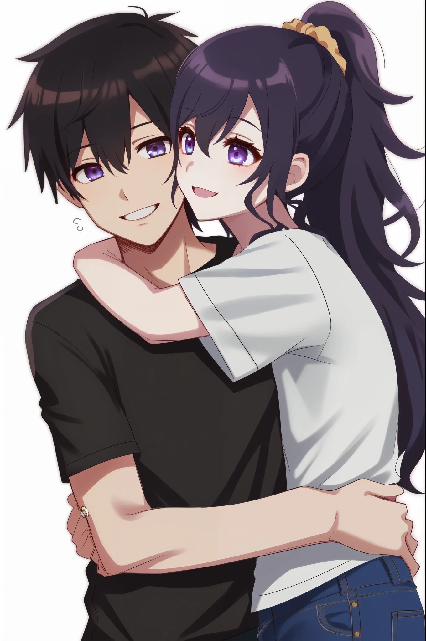 (best quality), (detailed skin:1.3), amsekai, purple eyes, blue eyes, high ponytail, hair scrunchie, T-shirt, Long Levis, smile, 1boy, kirito, black hair, bangs, girl&boy, White background, together, hug