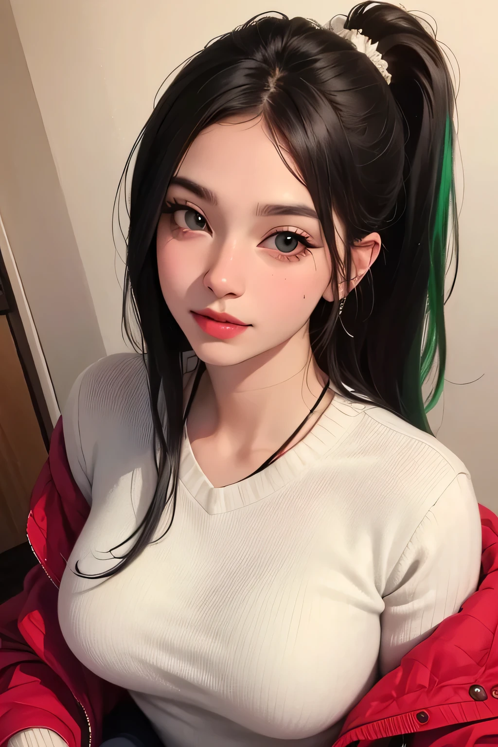 (best quality,highres,masterpiece:1.2),ultra-detailed,(realistic,photorealistic,photo-realistic:1.37),portraits,vivid colors,beautiful detailed eyes,beautiful detailed lips,elegant pose,dark green sweater,cream cargo pants,long black hair,cute ponytail,soft lips,blushing intensely,smiling, seductive gaze,medium chest,perfect body,shadows and highlights,vibrant lighting