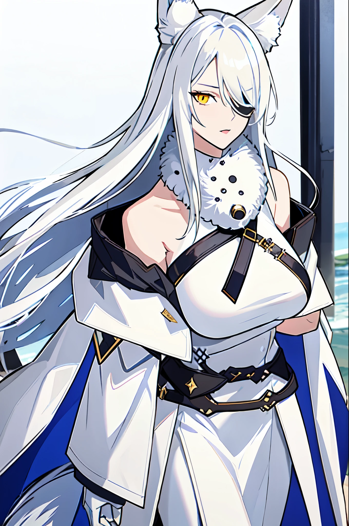 realistic, 1girl, solo, santalla, animal ears, fox ears, fox tail, fur collar, fur trim, hair over one eye, hat, long hair, off shoulder, silver hair, slit pupils, white coat, white gloves, white jacket, white shirt, white skirt, yellow eyes, cowboy shot, looking at viewer, outdoors,