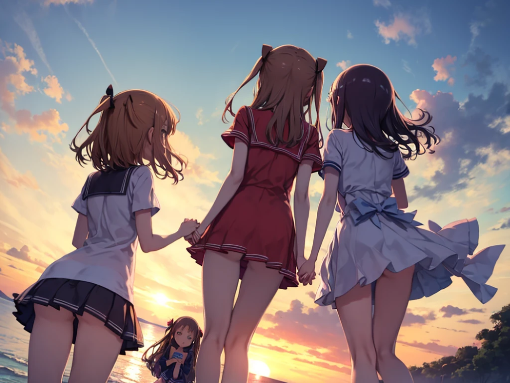 masterpiece、highest quality、High resolution、Very detailed、Back view、3 girls、high school girl、、Sandy Beach、With friends、Holding hands and jumping、Sunset、evening、sunset、Angle from below、youth、