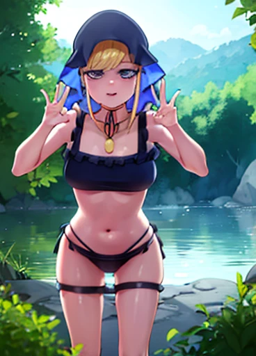 Chica de anime ,rubia ,ojos azules piel blanca, delineador en los ojos, cara hermosa , busto grande y cintura delgada grandes caderas anchas piernas torneadas, posing in lingerie and making a gesture of tenderness,  unas negras y detallado perfecto HD, bright landscape with water and vegetation, en bikini sexy