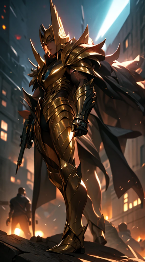 Ultra-high saturation, (tmasterpiece), full body photo, (best quality), (1girll), starry background, wearing shiny gold armor, cool pose, Saint Seiya armor, messy hair, high detail, anime style, lighting cinematic, brightness, divine light, Ray traching, filmgrain, hyper HD, super detail, anatomically correct, high resolution, ultra- high saturation, high contrast, high gloss armor, serious expressions, dark room,