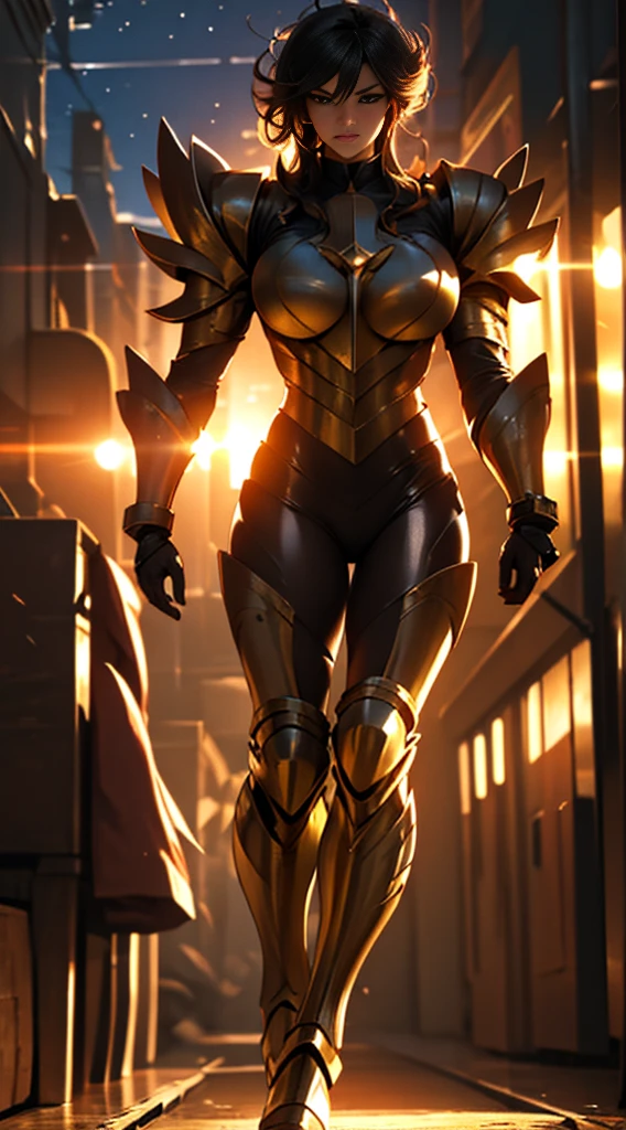 Ultra-high saturation, (tmasterpiece), full body photo, (best quality), (1girll), starry background, wearing shiny gold armor, cool pose, Saint Seiya armor, messy hair, high detail, anime style, lighting cinematic, brightness, divine light, Ray traching, filmgrain, hyper HD, super detail, anatomically correct, high resolution, ultra- high saturation, high contrast, high gloss armor, serious expressions, dark room,