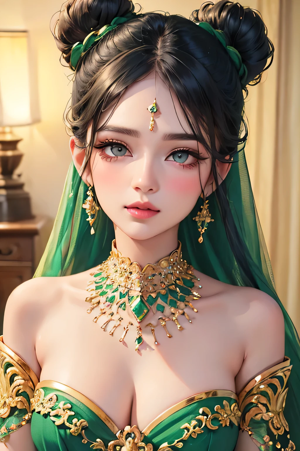 (best quality,ultra-detailed),portrait,sexy woman,beautiful face,detailed eyes and eyebrows,long eyelashes,emerald jewellery,grey eyes,fair skin,intense blushing,glossy lips parted,dark green blouse,dark green saree,gold patterns,emphasizing face,bun hairstyle