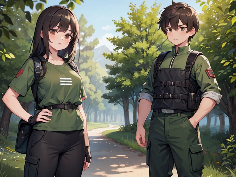 masterpiece; Style: daily; Characters: 2 people, 1 boy and 1 girl, Brother and sister (absolute similarity, twins);  necessary background: Nature of Russia, middle line, random landscape; обязательный Style одежды: gray-green T-shirt, military style trousers with patch pockets, massive high infantry boots, fingerless gloves, backpack; Trained physique, muscular, Proportional, Sports; looks: very tousled medium length brown tousled hair, Brown eyes, round beautiful face, trained arms and legs, Graceful fingers, aesthetic proportional small wide nose, plump lips; aesthetic completeness, perfect face; Free standing pose, Interaction with each other; many small details, complex parts; High quality textures, high detail, Realistic human anatomy, realistic textures, daylight, increased image clarity