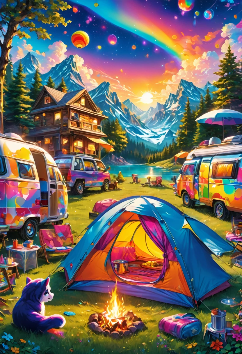 Outdoor Camping, by Lisa_Frank, best quality, masterpiece, very aesthetic, perfect composition, intricate details, ultra-detailed