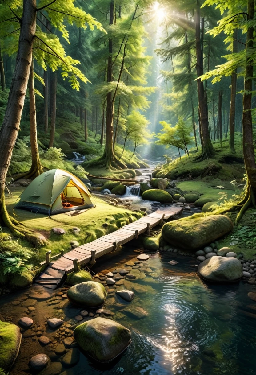 The Creek Campsite in the Forest Secret Realm, Tents are hidden in the dense forest, and a clear stream flows by. People fish or read by the stream, completely immersed in the embrace of nature, (masterpiece, best quality, Professional, perfect composition, very aesthetic, absurdres, ultra-detailed, intricate details:1.3)