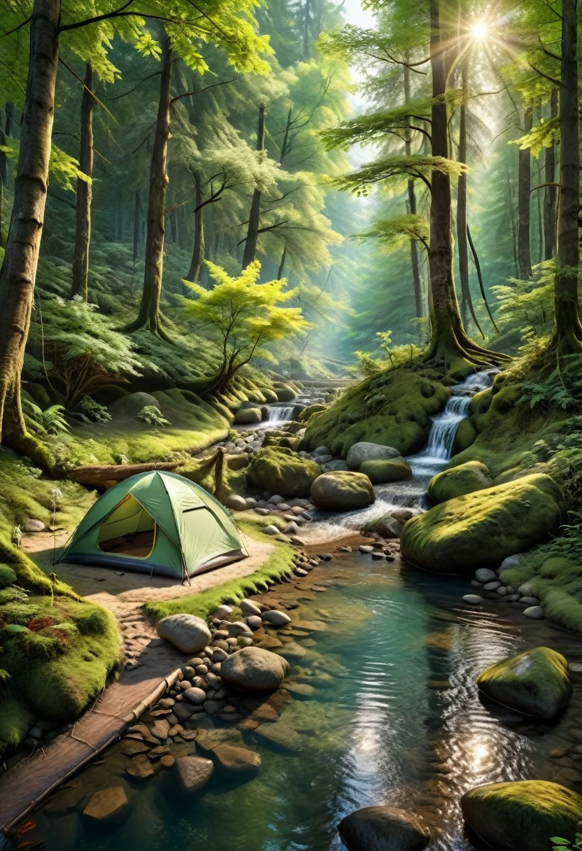 The Creek Campsite in the Forest Secret Realm, Tents are hidden in the dense forest, and a clear stream flows by. People fish or read by the stream, completely immersed in the embrace of nature, (masterpiece, best quality, Professional, perfect composition, very aesthetic, absurdres, ultra-detailed, intricate details:1.3)