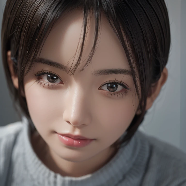 (masterpiece:1.3), (8k, Realistic, RAW Photos, highest quality: 1.4), (One girl), ((Face close-up、Shot from above、looking at the camera))、Beautiful Face, (Realistic Face), (Black Hair, short hair:1.3), Beautiful Hairstyles, Realistic eyes, Beautiful fine details, (Realistic Skin), Beautiful Skin, (sweater), Absurd, Charm, Ultra-high resolution, Ultra-realistic, Very detailed, Golden Ratio