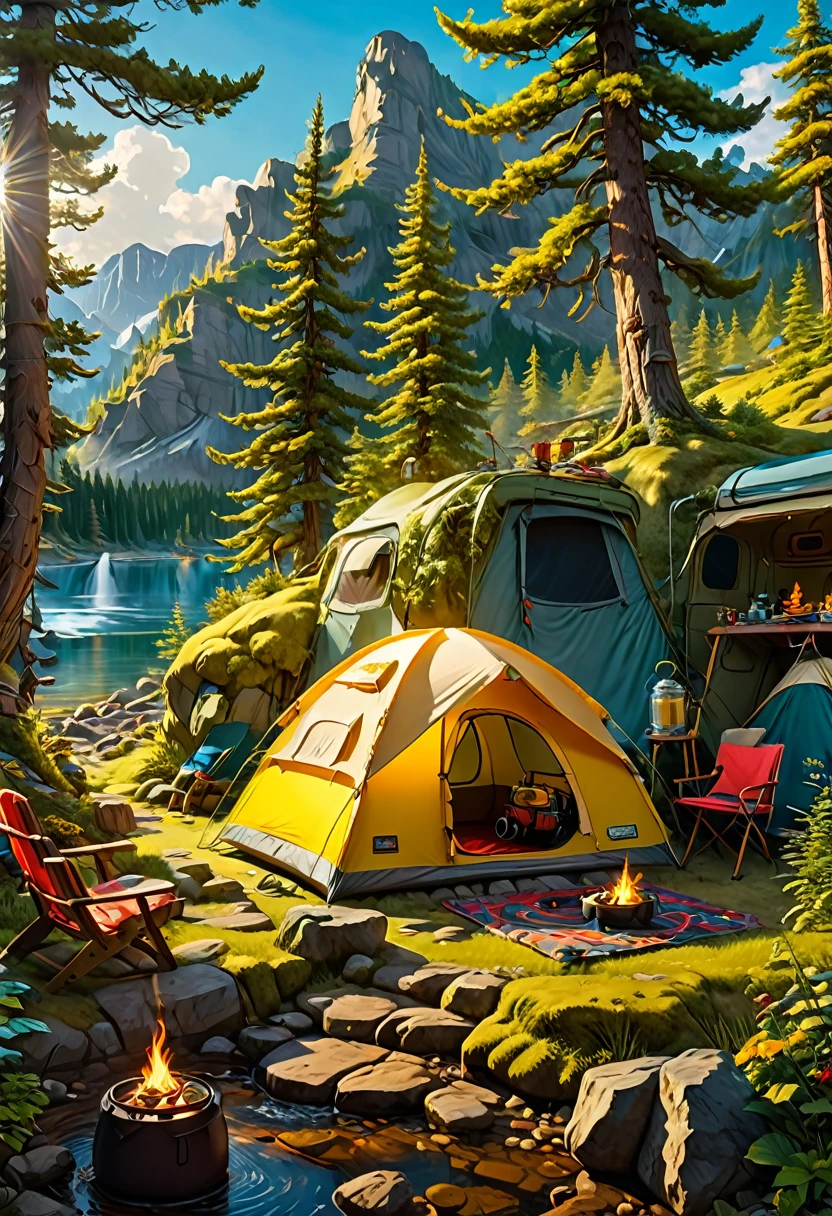 Outdoor Camping, by Bart Simpson, best quality, masterpiece, very aesthetic, perfect composition, intricate details, ultra-detailed