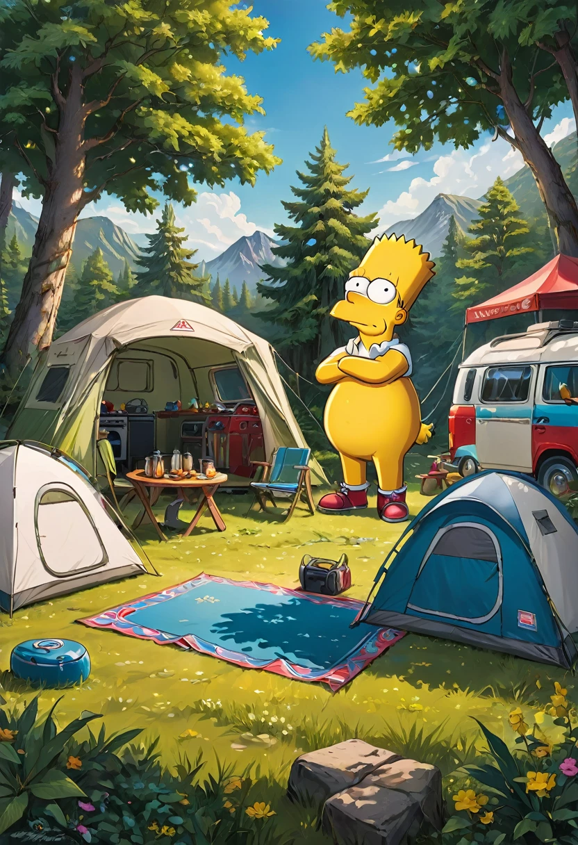 Outdoor Camping, by Bart Simpson, best quality, masterpiece, very aesthetic, perfect composition, intricate details, ultra-detailed