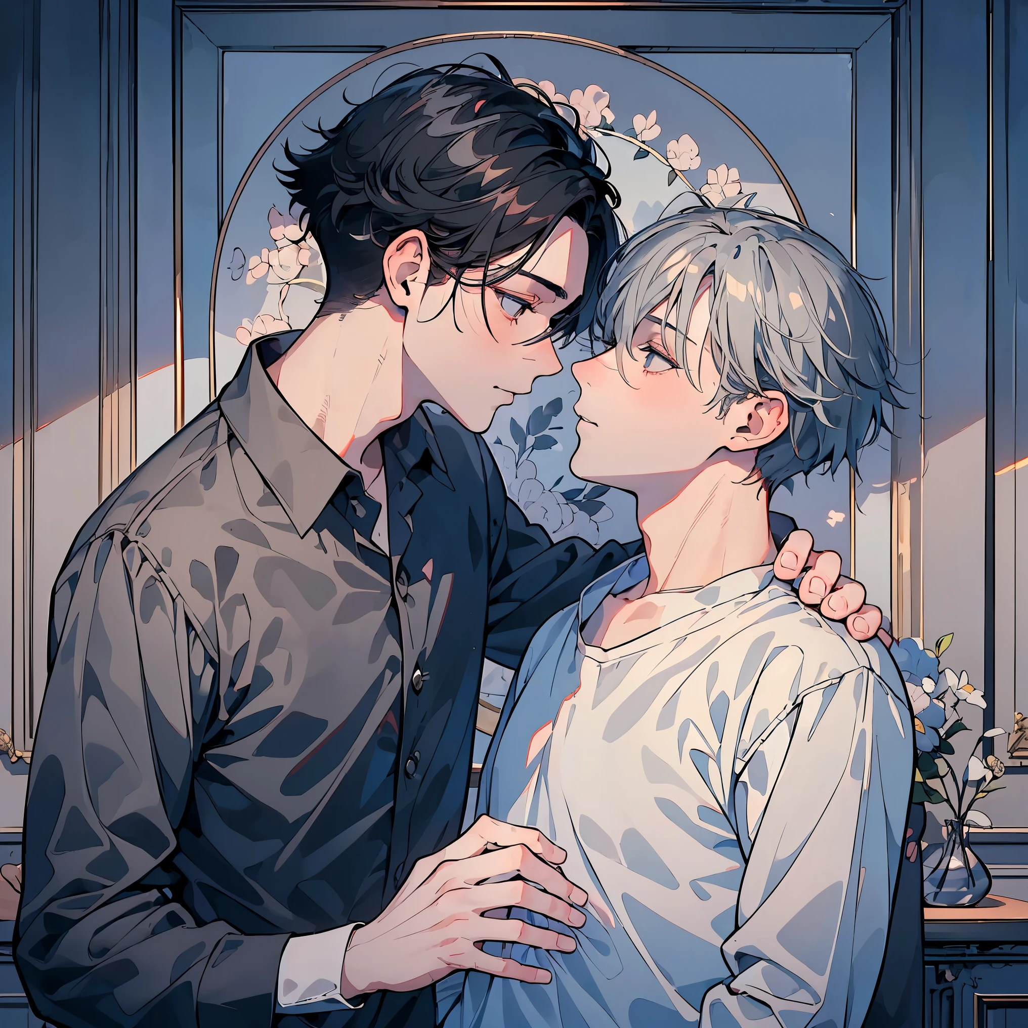 (masterpiece), (highest quality), Very detailed, ((Two men become intimate:1.5)), Perfect Face, Beautiful Face, Very detailed顔,(Black Haired Man:1.3),(Grey-haired man:1.3),uniform、shirt
