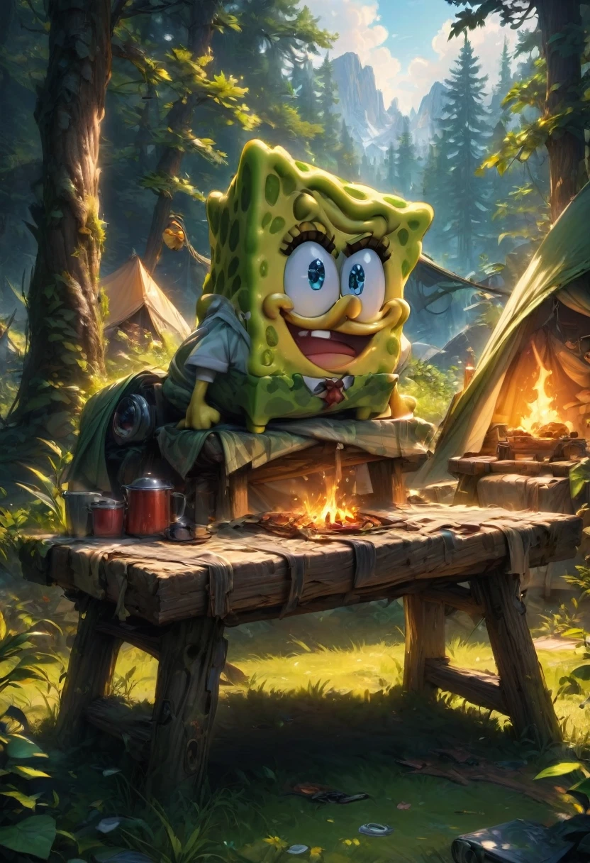 Outdoor Camping, by SpongeBob SquarePants, best quality, masterpiece, very aesthetic, perfect composition, intricate details, ultra-detailed