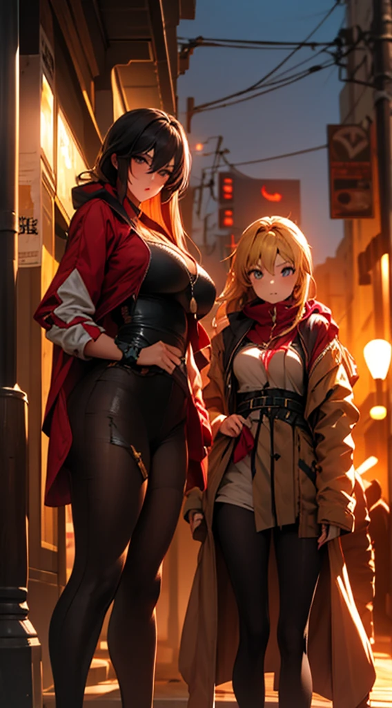 orange eyes light,richly faded light orange hair, anime 1girl, no skirt, brown military boots, pouch on the waist belt, khaki bikini, "black tights", "dark_orange knee pad on right leg",( night city:1.4), black long cloak, (good hand:1.5 ) good legs, (Good face: 1.5), 1girl, best hand, no worst hand. (naked), in big city, khaki t-shirt, best face, very good face, hyper detail, colorful, nsfw:1.5