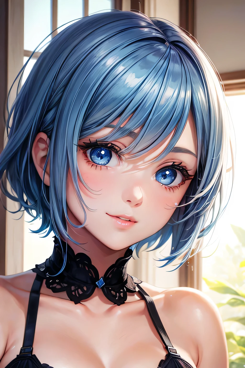 beauriful happy blue eyes salmon short hair beauriful girl. with a close up of your face