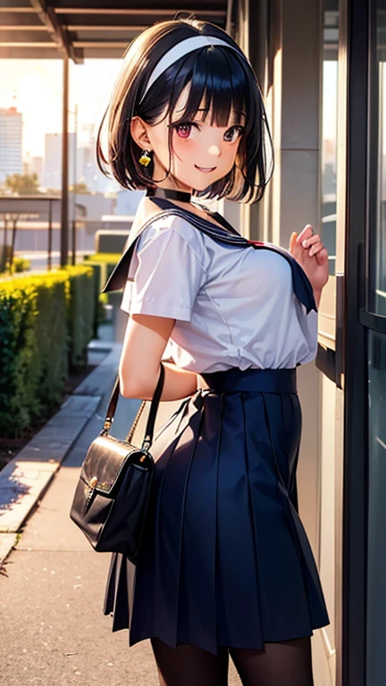 A girl is posing for a photo, cute***, Enchanting girl, 

(Blue Hair, Bobcut, blunt bangs), (Red eyes), 
(Black Sailor Suit:1.2, Navy blue pleated skirt, White Headband)、(Black Pantyhose, Brown Loafers), Black choker、Red Gem Earrings、Student bag、

(((highest quality)), ((masterpiece)), (Very detailed), (High resolution), (Beautiful detailed sparkle), (High detail), (Anatomically correct)), ((Realistic)), ((The best CG)), Ultra-detailed art, CG illustration, 16k, 1080P, Oil paints:1.2,   

(((One Woman))), 
(Symmetrical facial features, Perfect Face), Beautiful clavicle, (Beautiful fingers), (Beautiful breasts, (Ｃcup)), 
Beautiful body, Beautiful thighs, Beautiful feet, Perfect round butt, (((Detailed skin, Oily skin, Textured skin, Beautiful Skin))), 

(((Baby Face, cute, ************))), 
(Droopy eyes, Expression of fine eyes, Beautiful and delicate eyes, Sparkling eyes, Eye Reflexes), 
(Beautiful Nose,Thin Nose), 
(Glossy Lips, Beautiful Lips, thick lips), 

(Beautiful Hair, Shiny Hair, Shiny Hair), Hair fluttering), 

(smiley, laughing, blush),  
BREAK 

(evening、(The school road illuminated by the setting sun, A slope with a view of the cityscape)), ((Walking, Upward glance, Cowboy Shot))
