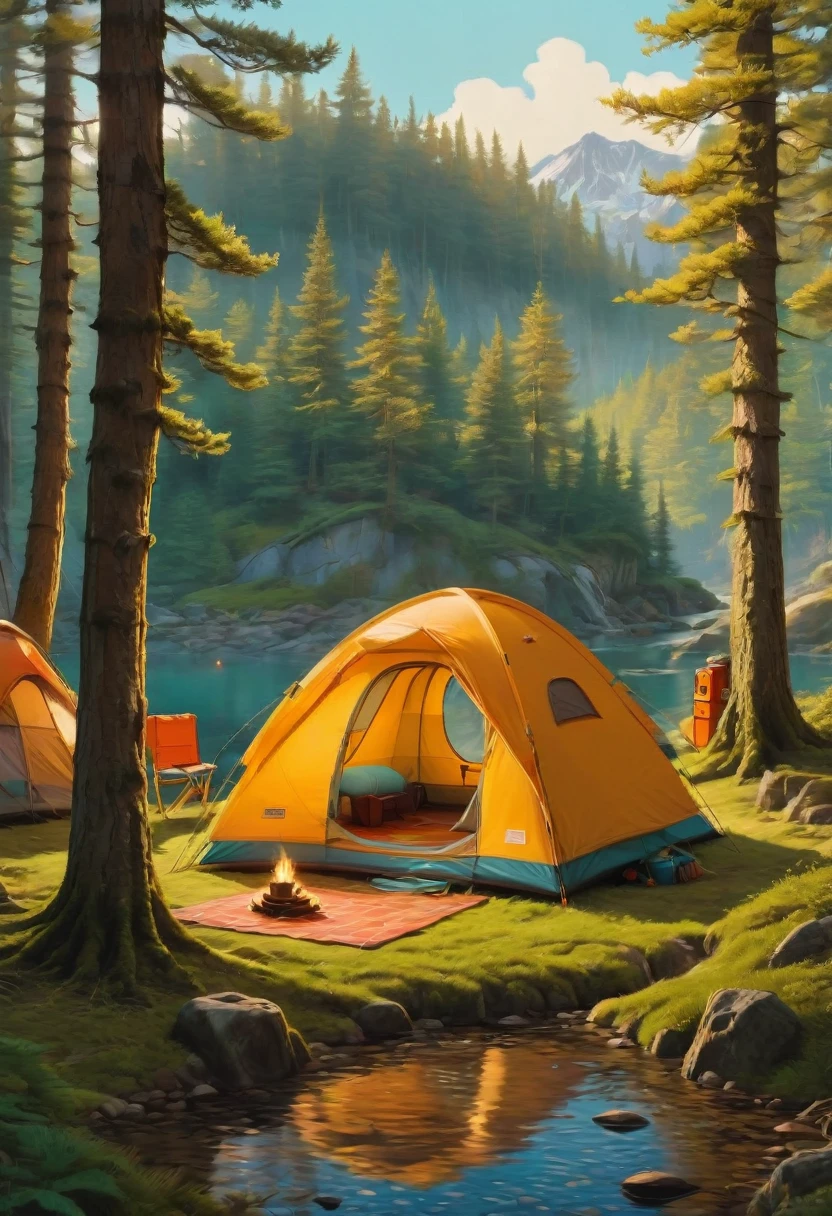 Outdoor Camping, by Wes Anderson, best quality, masterpiece, very aesthetic, perfect composition, intricate details, ultra-detailed