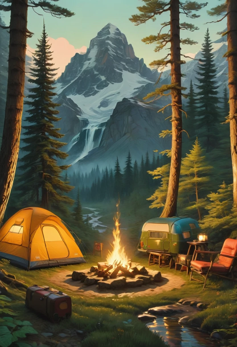 Outdoor Camping, by Wes Anderson, best quality, masterpiece, very aesthetic, perfect composition, intricate details, ultra-detailed