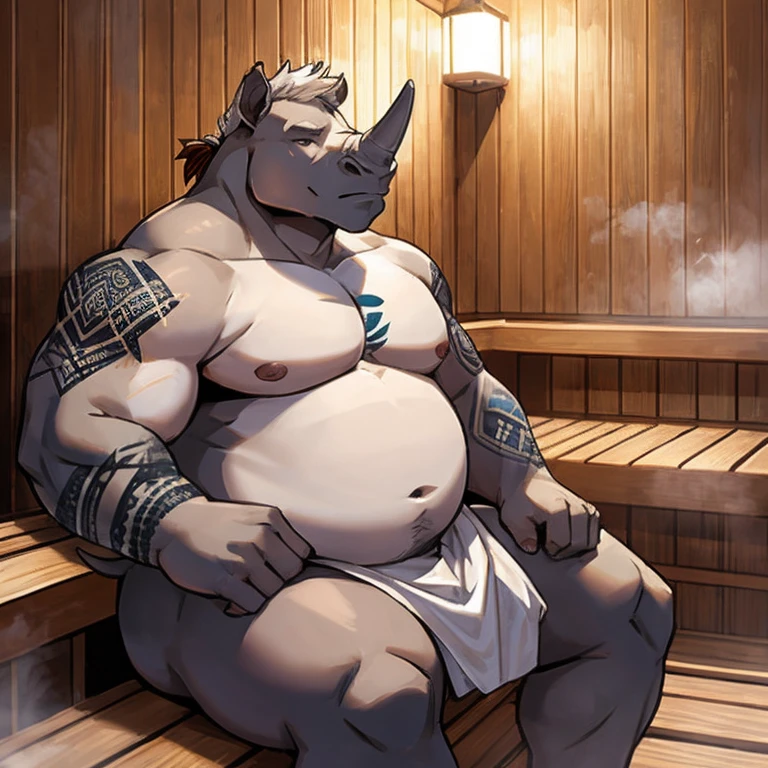 Fat male Rhinoceros , full sleeve colorful tattoos on both arms, torso completely covered in colorful tattoos, naked, sauna