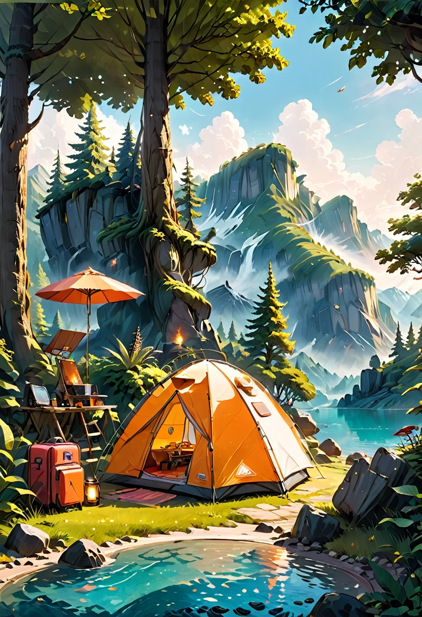 Outdoor Camping, by Wes Anderson, best quality, masterpiece, very aesthetic, perfect composition, intricate details, ultra-detailed