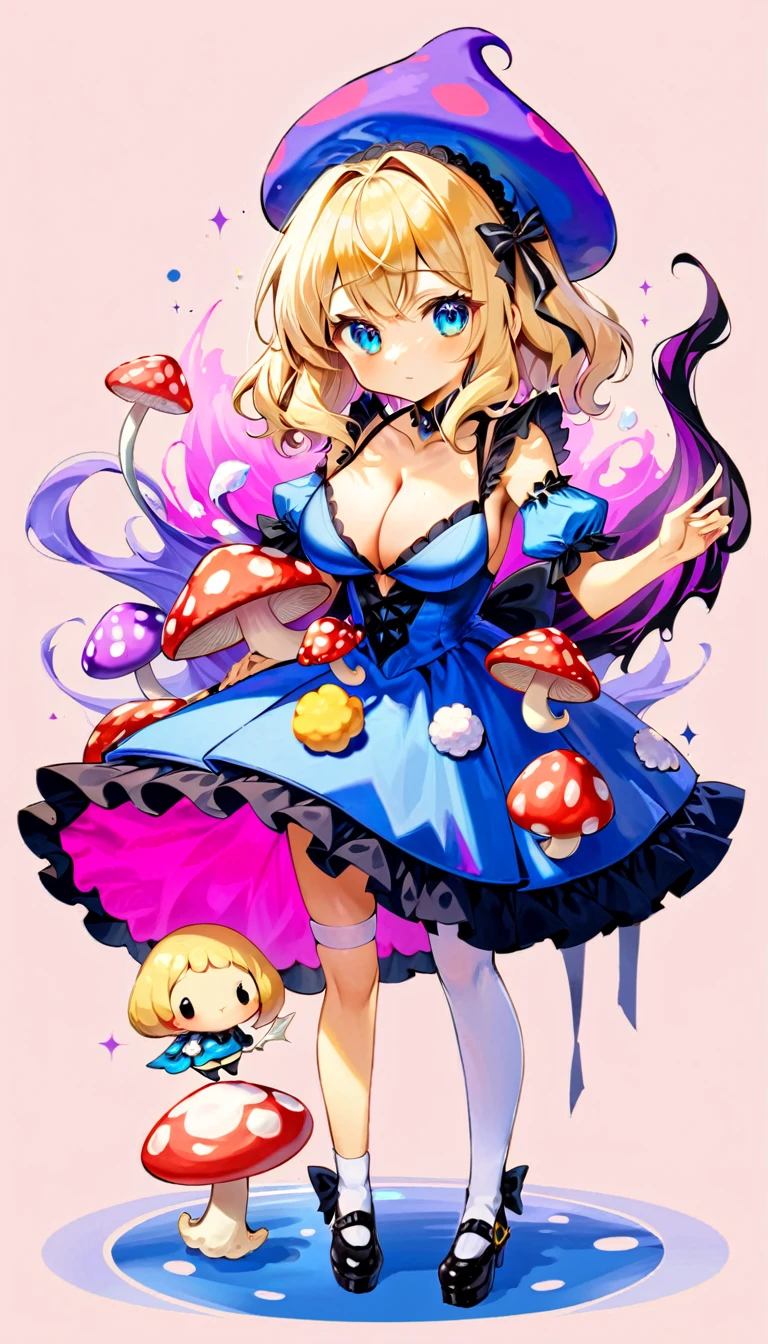 a beautiful 20 year old blonde woman with big messy hair in a blue dress, white stockings, black headband, cleavage, holding a glowing mushroom, fantasy art style, rossdraws cartoon vibrant, alice in wonderland cyberpunk, cute detailed digital art, colorfull digital fantasy art, digital fantasy art ), glossy digital painting, rossdraws pastel vibrant, rossdraws 2. 5, rossdraws 1. 0