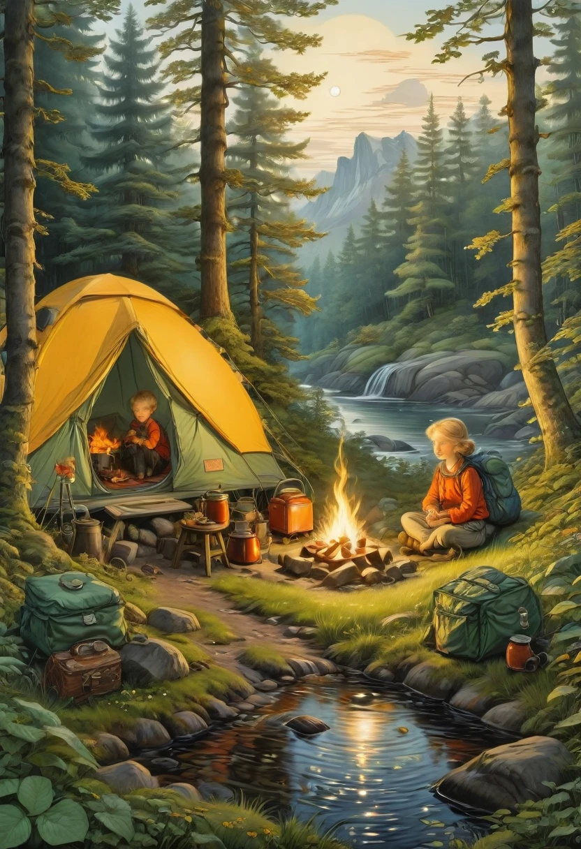 Outdoor Camping, by Elsa Beskow, best quality, masterpiece, very aesthetic, perfect composition, intricate details, ultra-detailed
