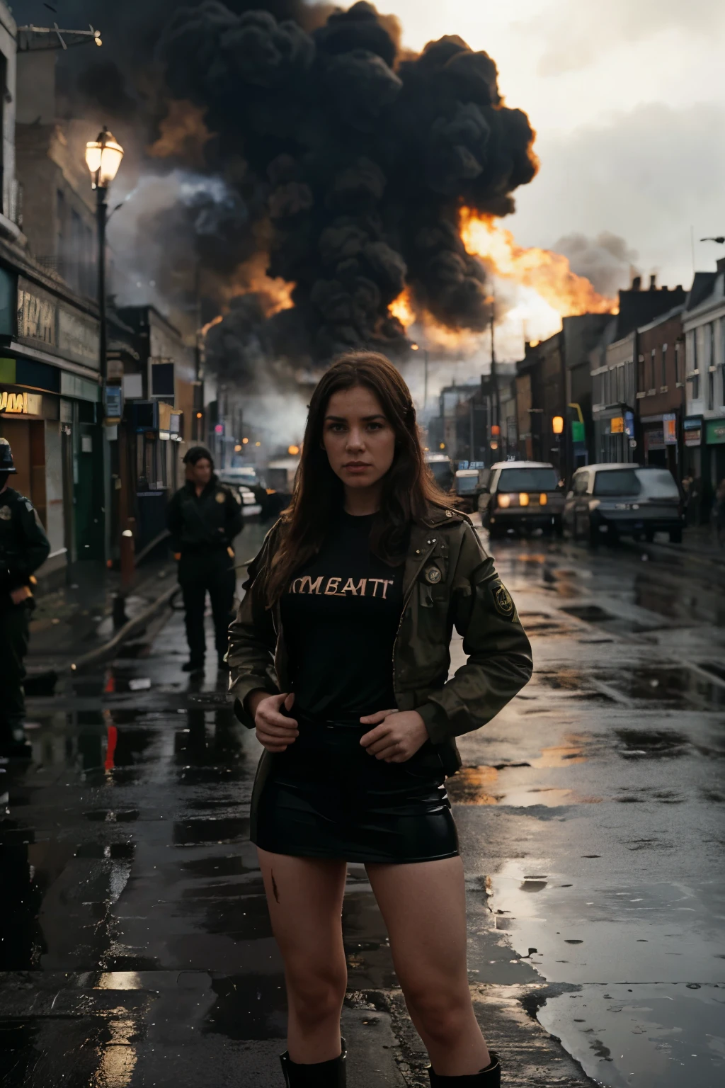 A medium shot of a woman angel rising into the sky standing on the sidewalk with a magic stick, marilyn church, cathedral in the background, church in the background, standing in a city center, dang my linh, on a bright day, in city street, city, dramatic lighting, sharp, details, flames, fire, burning buildings, looking at viewer, detailed skin texture, beautiful detailed face, ultra detailed, intricate details,