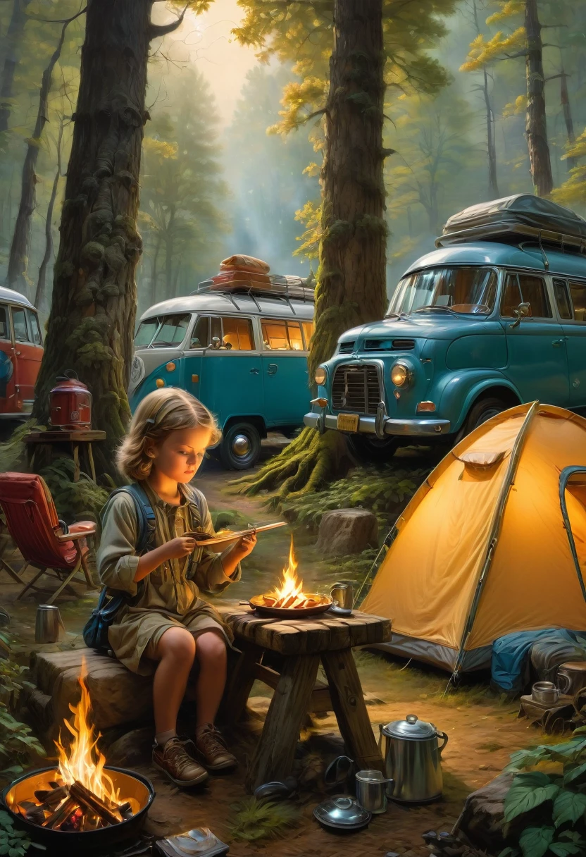 Outdoor Camping, by Bob Byerley, best quality, masterpiece, very aesthetic, perfect composition, intricate details, ultra-detailed