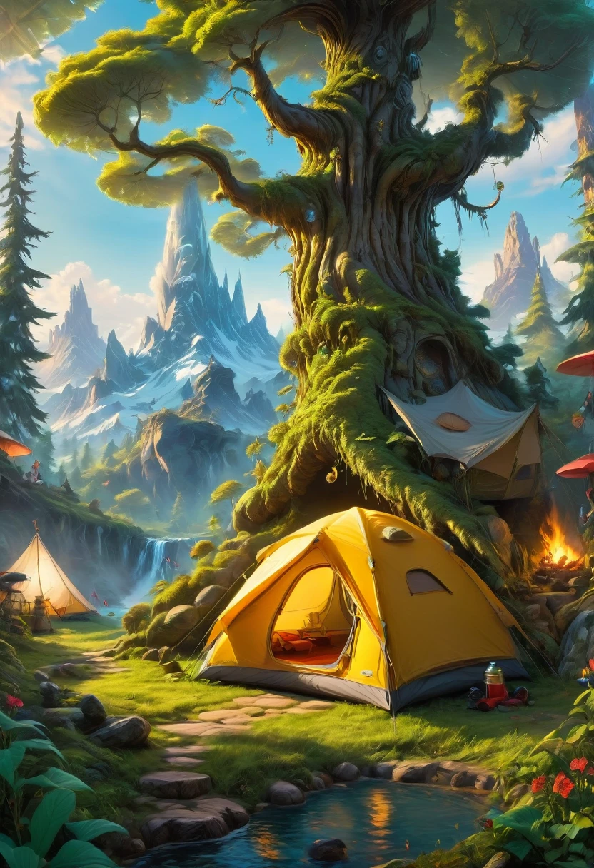 Outdoor Camping, by dr seuss, best quality, masterpiece, very aesthetic, perfect composition, intricate details, ultra-detailed