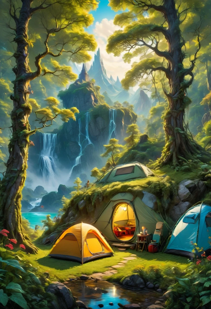 Outdoor Camping, by dr seuss, best quality, masterpiece, very aesthetic, perfect composition, intricate details, ultra-detailed