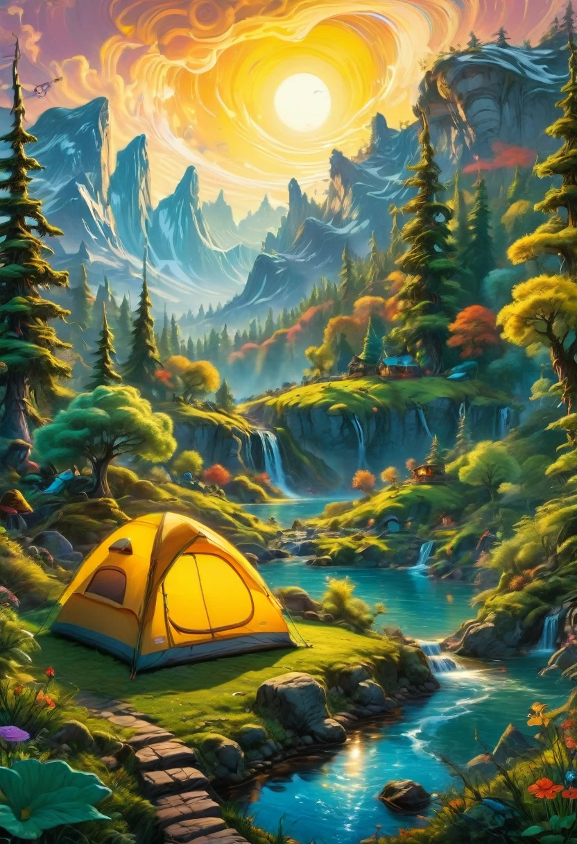Outdoor Camping, by dr seuss, best quality, masterpiece, very aesthetic, perfect composition, intricate details, ultra-detailed