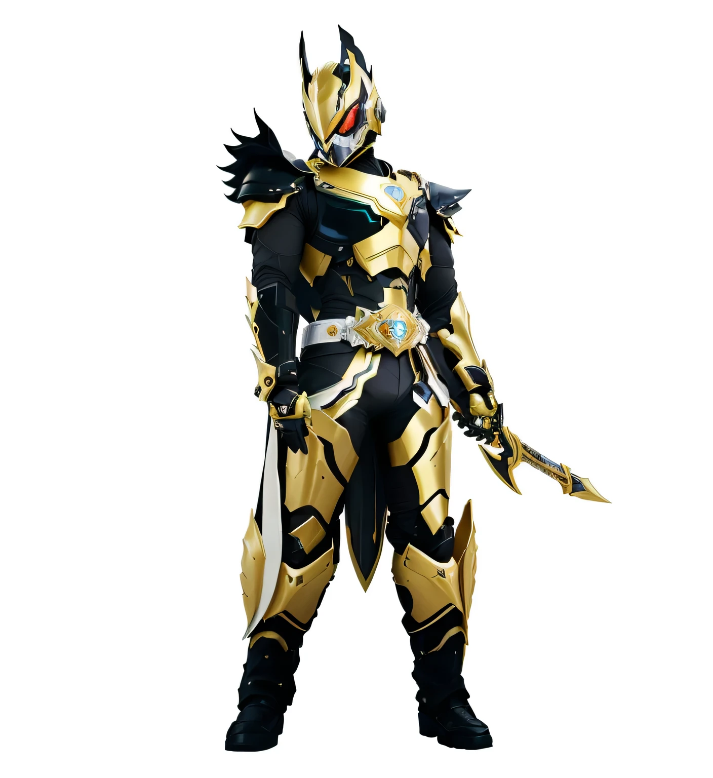 Imagen arafed de un hombre vestido con un traje negro y dorado., high fantasy kamen rider, Personaje de Kamen Rider, armadura de obsidiana dorada, armadura negra y dorada, japan cyber armor, cyber japan style armor, heavy armadura de obsidiana dorada, fantasma del jinete kamen, kamen rider action pose, armadura negra y dorada, el caballero de la armadura del gato dorado, elegante armadura dorada
